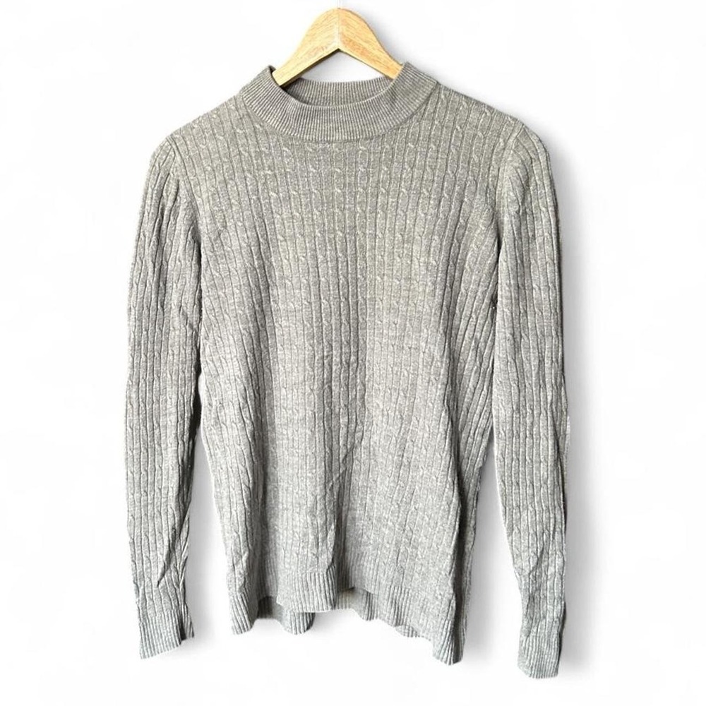 Cable Knit Sweater Gray Karen Scott Mock Neck Coastal Preppy Minimalist Small US